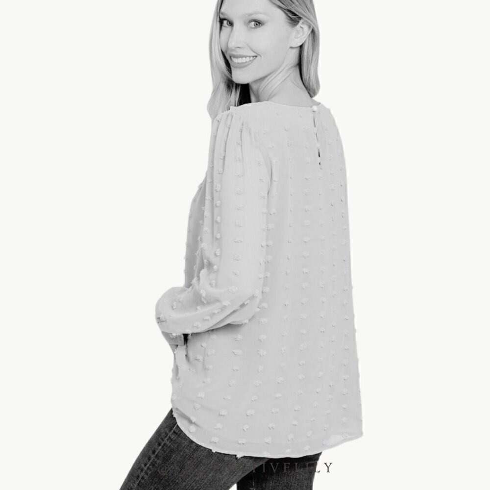 Zenana Swiss Dot Blouse Size Medium Black Sheer Sleeve Pearl Button NWT - Picture 2 of 4